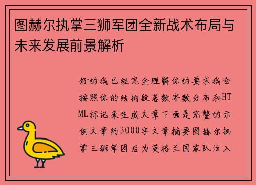 图赫尔执掌三狮军团全新战术布局与未来发展前景解析
