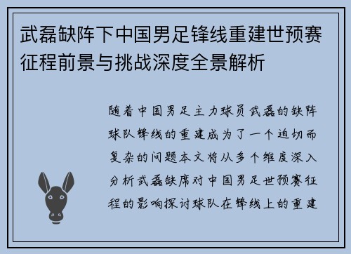 武磊缺阵下中国男足锋线重建世预赛征程前景与挑战深度全景解析